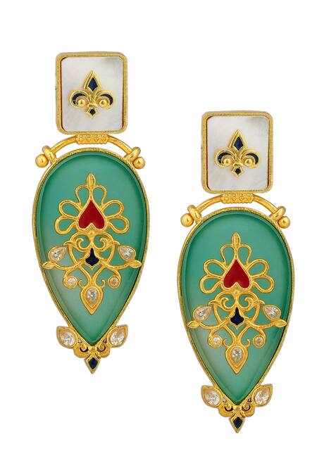 Zariin Green Crystals, Stones Onyx Embellished Earrings Online at Aza Fashions Zariin_Green Crystals, Stones Onyx Embellished Earrings _Online_at_Aza_Fashions