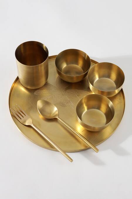 Table Manners_Gold Brass Thali Set_Online_at_Aza_Fashions
