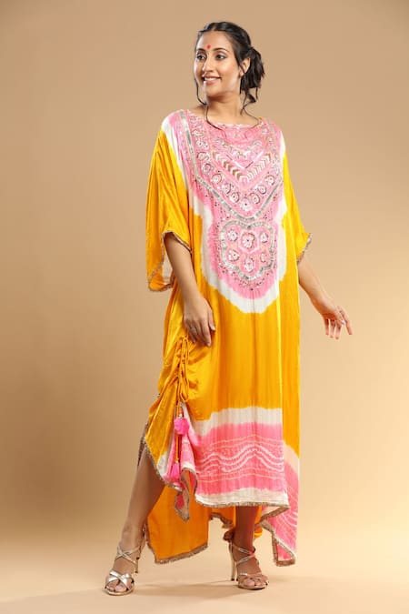 Etasha By Asha Jain_Yellow Gabardine Mirrors, Crystals Round Embellished Bandhani Pattern Kaftan _Online_at_Aza_Fashions