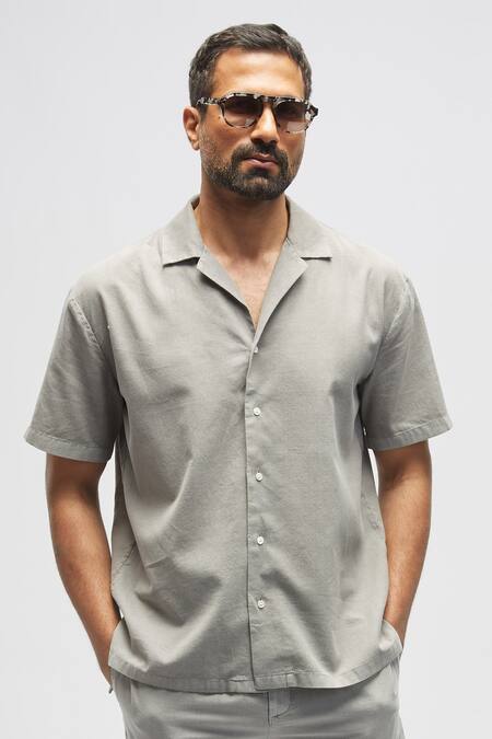 Terra Luna_Grey 100% Organic Handloom Oxford Cotton Solid Camp Collar Button Down Shirt_Online_at_Aza_Fashions