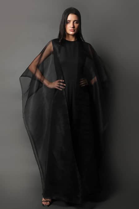 Swatee Singh_Black Crepe, Organza Round Neck Drape Jumpsuit _Online_at_Aza_Fashions