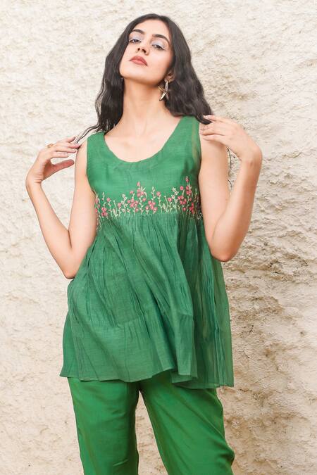 Tatwa_Green Chanderi, Viscose, Silk Embroidery Round Neck Pleated Top And Pant Set _Online_at_Aza_Fashions