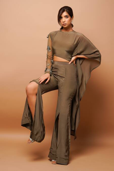 Ahi Clothing Green Crepe Embroidery, Cut Work, Asymmetric Sleeve Top And Bell Bottoms Pant Set Online at Aza Fashions Ahi Clothing_Green Crepe Embroidery, Cut Work, Asymmetric Sleeve Top And Bell Bottoms Pant Set _Online_at_Aza_Fashions