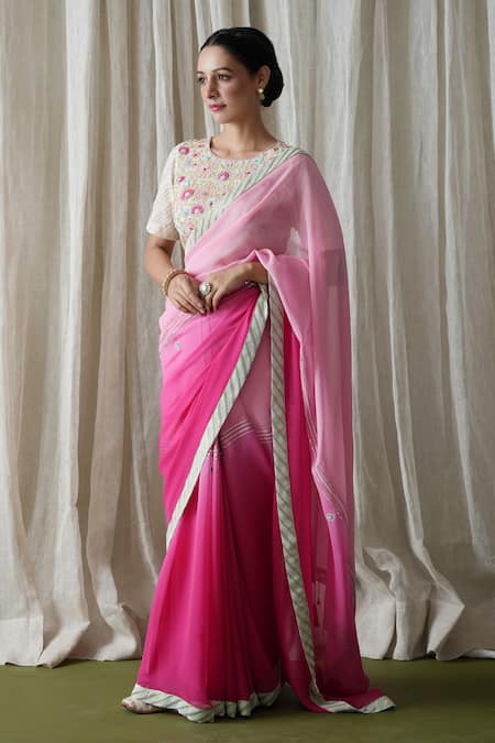 Kanika Sharma_Pink Georgette, Modal Sequins, Embroidery, Zari Round Ombre Saree With Blouse _Online_at_Aza_Fashions