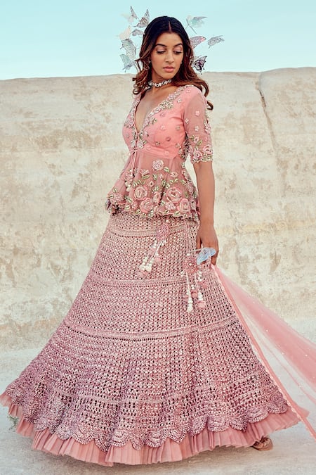 Nikita Vishakha_Pink Net, Mohair Metallic Thread, Embroidery, Hand Blouse And Mesh Lehenga Set _Online_at_Aza_Fashions
