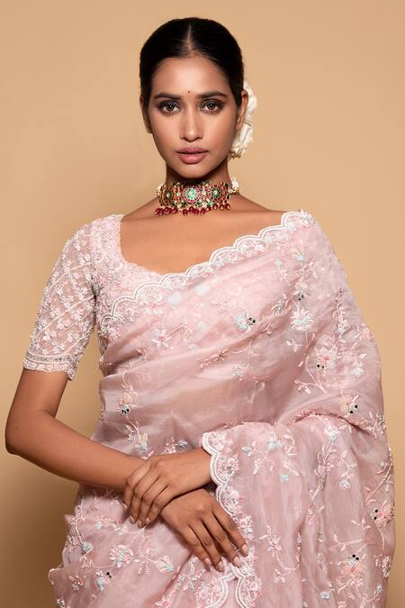 Pallavi Poddar Pink Organza, Net, Cotton Sequins, Floral Jaal Embroidered Saree With Blouse Online at Aza Fashions Pallavi Poddar_Pink Organza, Net, Cotton Sequins, Floral Jaal Embroidered Saree With Blouse _Online_at_Aza_Fashions