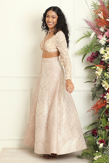 SAANJH BY LEA_Pink Jacquard Embroidery Mina Kalidar Lehenga_Online_at_Aza_Fashions
