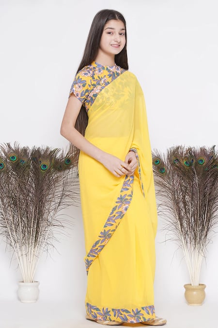 Little Bansi_Yellow Georgette, Cotton Embroidery Floral Print Pre-draped Saree With Blouse _Online_at_Aza_Fashions