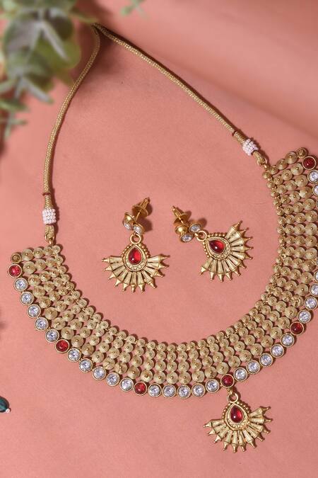 Buy_Swabhimann_Red Diamonds, Stones Ruby Embellished Temple Necklace Set _Online_at_Aza_Fashions