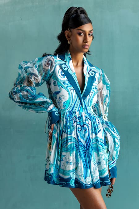 Limerick By Abirr N' Nanki_Multi Color Organza, Crepe Asymmetric Selene Paisley Print Dress _Online_at_Aza_Fashions