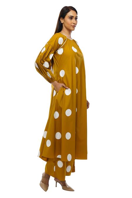 Khat_Yellow Round Neck Polka Dot Dress Pant Co-ord Set _Online_at_Aza_Fashions