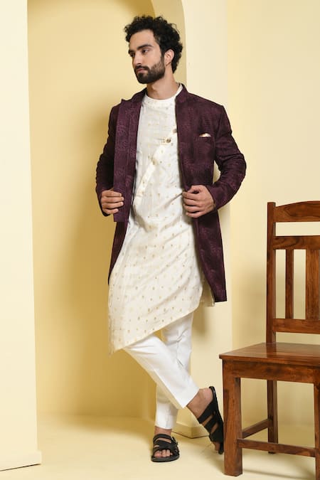Kustomeyes_Wine Silk Embroidery Sherwani Set_Online_at_Aza_Fashions