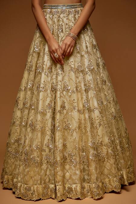 Neeta Lulla_Gold Tulle Sequins, Zari, Cut Work V-neck Ashlyn Embroidered Bridal Lehenga Set_Online_at_Aza_Fashions