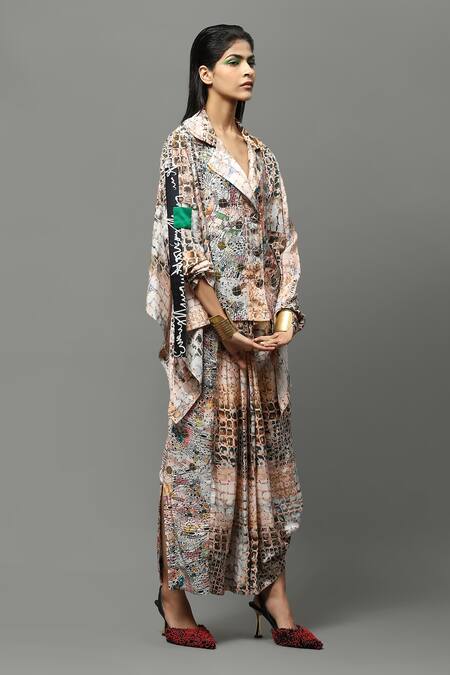 Buy AK-OK Multi Color Silk Embroidery Collared Abstract Print Top And Draped Skirt Set Online at Aza Fashions Buy_AK-OK_Multi Color Silk Embroidery Collared Abstract Print Top And Draped Skirt Set _Online_at_Aza_Fashions