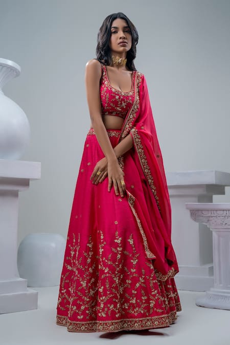 Nautanky_Pink Silk, Organza Embroidery Scoop Neck Bridal Lehenga Set _Online_at_Aza_Fashions