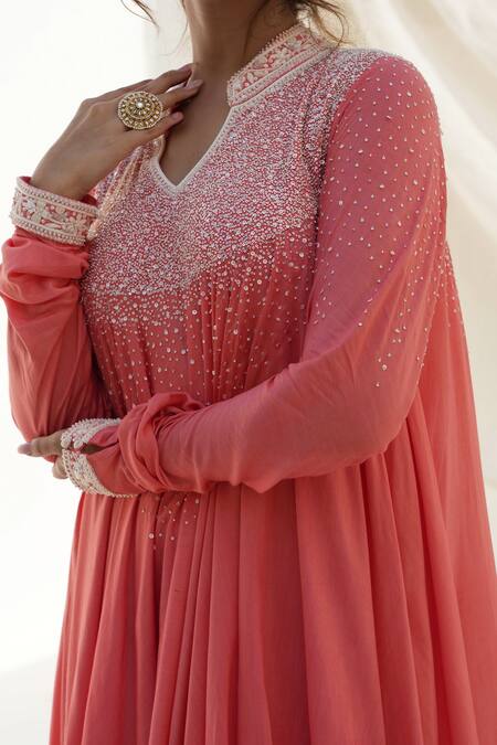 Kanika Sharma_Coral Modal Pearls, Sequins, Zari V-neck And Embroidered Anarkali Set _Online_at_Aza_Fashions