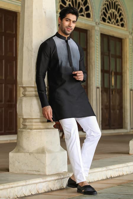 Raw & Rustic By Niti Bothra_Black Chanderi Silk Embroidery Banarasi Kurta _Online_at_Aza_Fashions