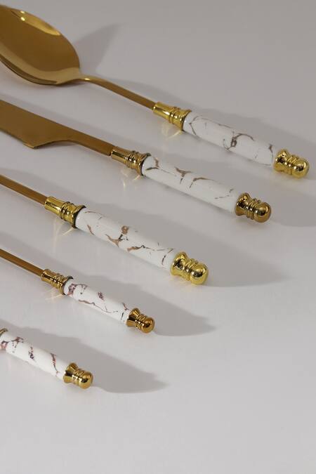 Table Manners_Gold Stainless Steel/ Reinforced Porcelain Marble And Cutlery Set_Online_at_Aza_Fashions