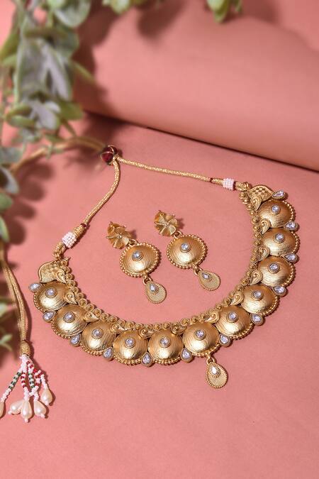 Buy_Swabhimann_Gold Plated Diamonds, Stones Embellished Temple Necklace Set _Online_at_Aza_Fashions