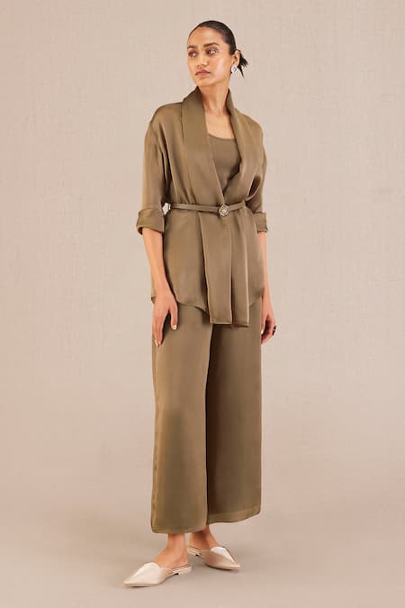 Ampm Brown Satin, Organza Buckles Mana Open Front Throw And Palazzo Set Online at Aza Fashions Ampm_Brown Satin, Organza Buckles Mana Open Front Throw And Palazzo Set _Online_at_Aza_Fashions