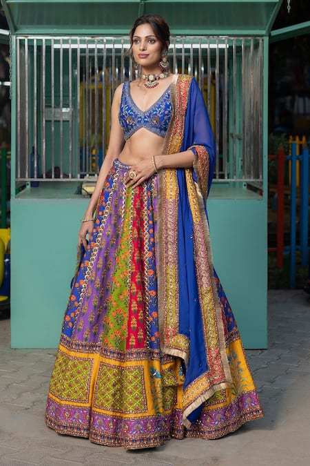 Buy Irrau By Samir Mantri Multi Color Organza, Silk Sequins, Embroidery V-neck Floral Print Lehenga Set Online at Aza Fashions Buy_Irrau By Samir Mantri_Multi Color Organza, Silk Sequins, Embroidery V-neck Floral Print Lehenga Set _Online_at_Aza_Fashions