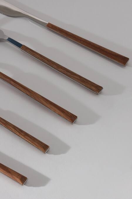 Table Manners_Silver Stainless Steel Wood And Cutlery Set_Online_at_Aza_Fashions