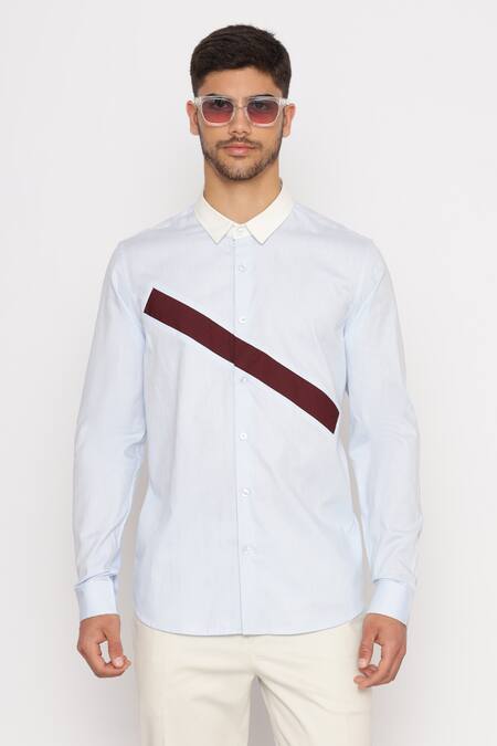 Lacquer Embassy_Blue Cotton Ave Color Block Strip Shirt _Online_at_Aza_Fashions