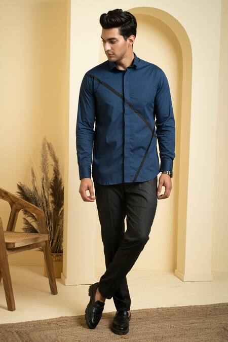 Hilo Design_Blue Poplin, Lycra Cross Reim Shirt _Online_at_Aza_Fashions
