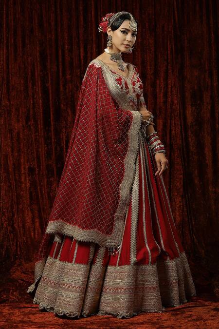 Shikhar Sharma Red Silk, Georgette, Chanderi Beads, Tassels Ruby Embroidered Bridal Lehenga Set Online at Aza Fashions Shikhar Sharma_Red Silk, Georgette, Chanderi Beads, Tassels Ruby Embroidered Bridal Lehenga Set _Online_at_Aza_Fashions