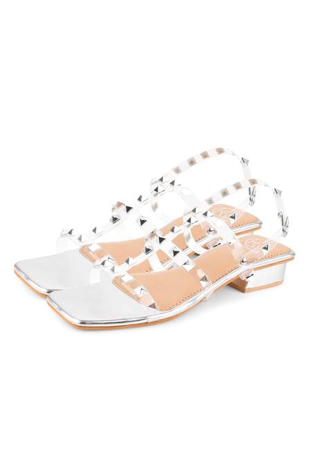 Kaltheos_Silver Embellished Cube Strappy Studded Block Heel Sandals_Online_at_Aza_Fashions