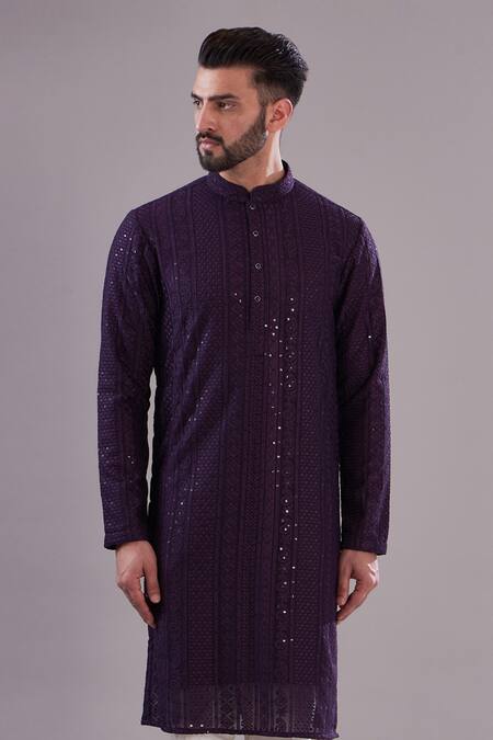 Kasbah_Wine Georgette, Cotton Embroidery Paisley Pattern Chikankari Kurta Set_Online_at_Aza_Fashions