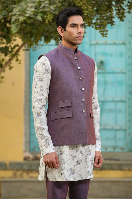 Raw & Rustic By Niti Bothra_Purple Cotton, Linen Embroidery Floral Printed Kurta Set With Bundi _Online_at_Aza_Fashions