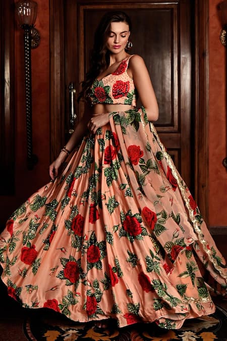 Buy_Sanam_Peach Silk Sequins, Embroidery, Stones Rosette Print Lehenga Set _Online_at_Aza_Fashions