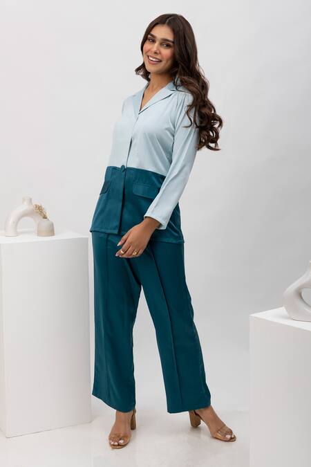 Dawn And Dusk_Blue Satin Collared Magic Dual Tone Shirt And Pant Set_Online_at_Aza_Fashions