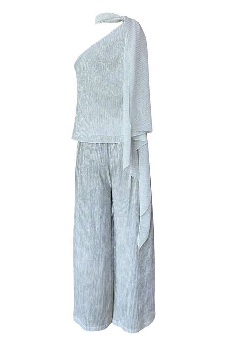 Dash And Dot_Silver 100% Polyester One Shoulder Draped Top And Pant Set_Online_at_Aza_Fashions