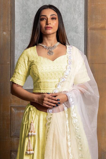 Monk & Mei By Sonia Anand Yellow Chanderi, Rayon, Chiffon Tassels Chikankari Embroidered Lehenga Set Online at Aza Fashions Monk & Mei By Sonia Anand_Yellow Chanderi, Rayon, Chiffon Tassels Chikankari Embroidered Lehenga Set _Online_at_Aza_Fashions