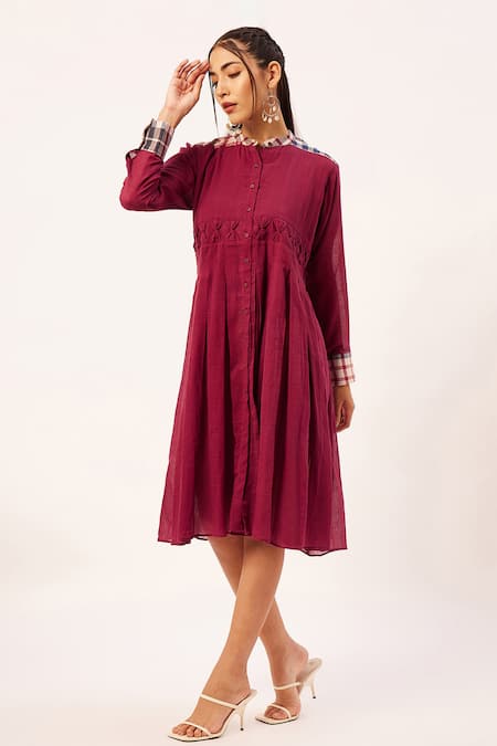 Zariya The Label_Red Cotton, Muslin Mandarin Collar Placed Checkered Pattern Tunic _Online_at_Aza_Fashions
