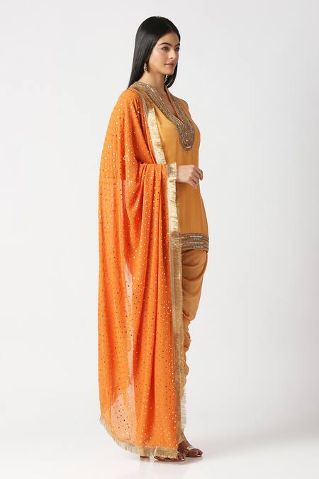 Labbada_Yellow Kurta Pure Silk Hand Embroidered Marodi V Neck Short Patiala Set_Online_at_Aza_Fashions