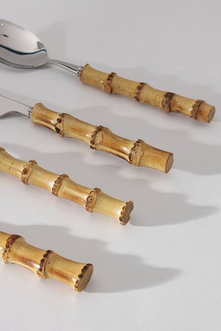 Table Manners_Silver Stainless Steel/wood Bamboo Cutlery Set_Online_at_Aza_Fashions