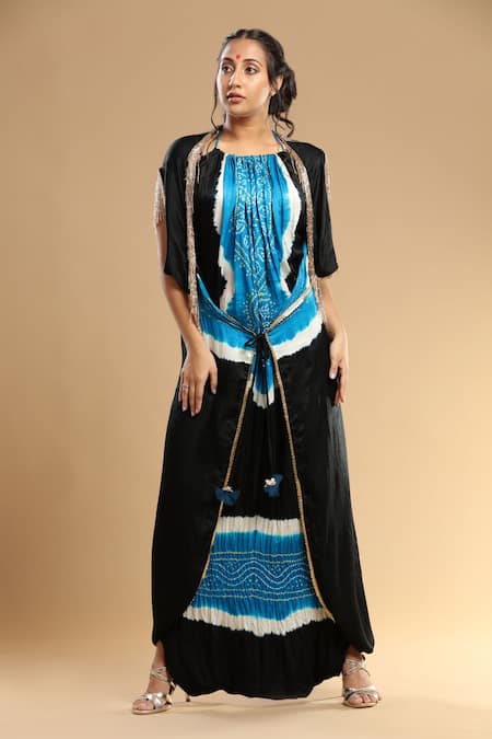 Etasha by Asha Jain_Blue Gingham Embroidery, Tassels Bandhani Pattern Jumpsuit _Online_at_Aza_Fashions