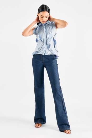 Mellowdrama Blue Cotton Striped Pattern Frilled Shirt Online at Aza Fashions Mellowdrama_Blue Cotton Striped Pattern Frilled Shirt_Online_at_Aza_Fashions