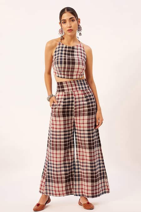 Zariya The Label_Multi Color Handloom , Halter Checkered Backless Blouse With Pant _Online_at_Aza_Fashions