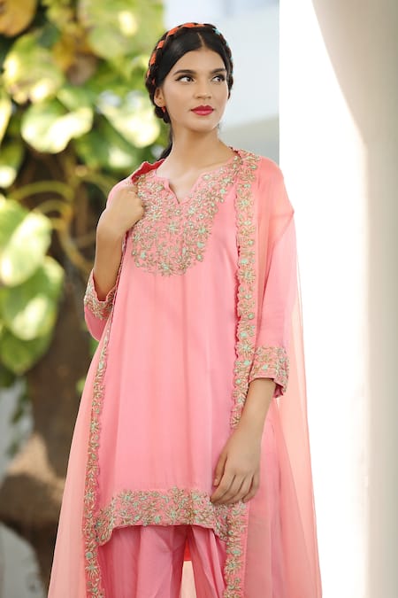 Tarini Vij_Pink Kurta And Dhoti Irish Satin Cape Silk Organza Bead Sheer & Pant Set _Online_at_Aza_Fashions