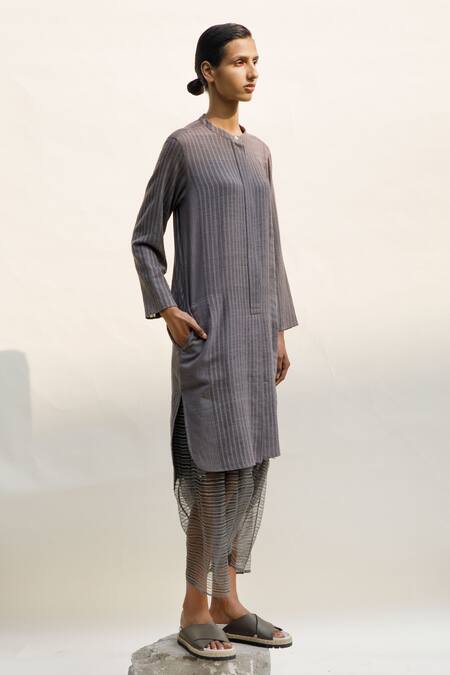 Urvashi Kaur_Grey Linen Noil Stripe Quotient Pattern Dhoti Salwar  _Online_at_Aza_Fashions