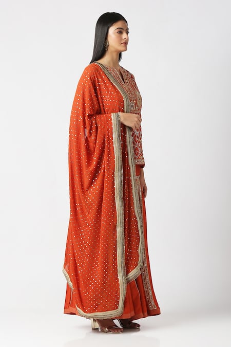 Labbada_Orange Kurta Pure Silk Hand Embroidered Marodi Notched Sharara Set_Online_at_Aza_Fashions