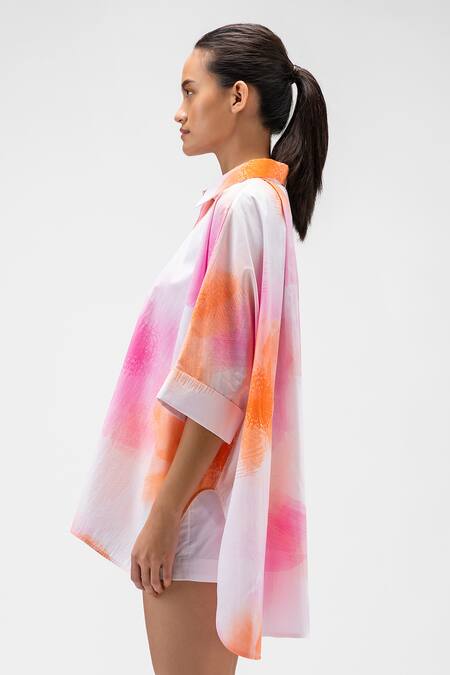 Genes Lecoanet Hemant_Orange Cotton Embroidery Collared Floral Pattern High Low Hem Shirt_Online_at_Aza_Fashions