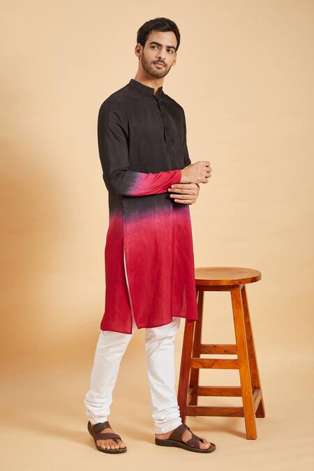Hilo Design_Black Silk To Red Ombre Kurta For Kids_Online_at_Aza_Fashions