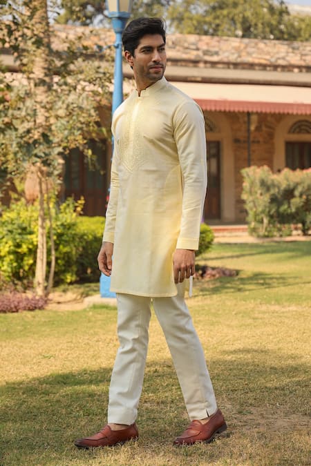 Raw & Rustic By Niti Bothra_Yellow Embroidery Lucknowi Kurta _Online_at_Aza_Fashions