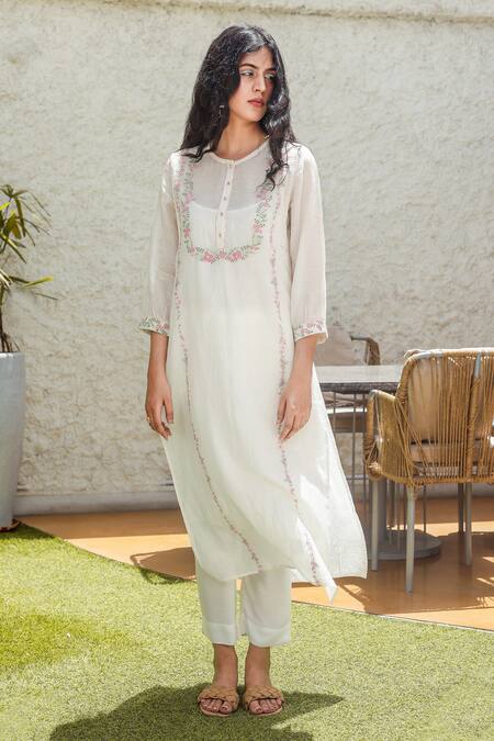 Tatwa_Ivory Viscose, Silk Sequins, Zari Round Neck Yoke Embroidered Kurta And Pant Set _Online_at_Aza_Fashions