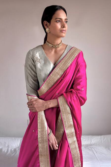 Shorshe Clothing_Pink Silk Satin Pearls, Gota Patti Handwoven Embroidered Saree_Online_at_Aza_Fashions